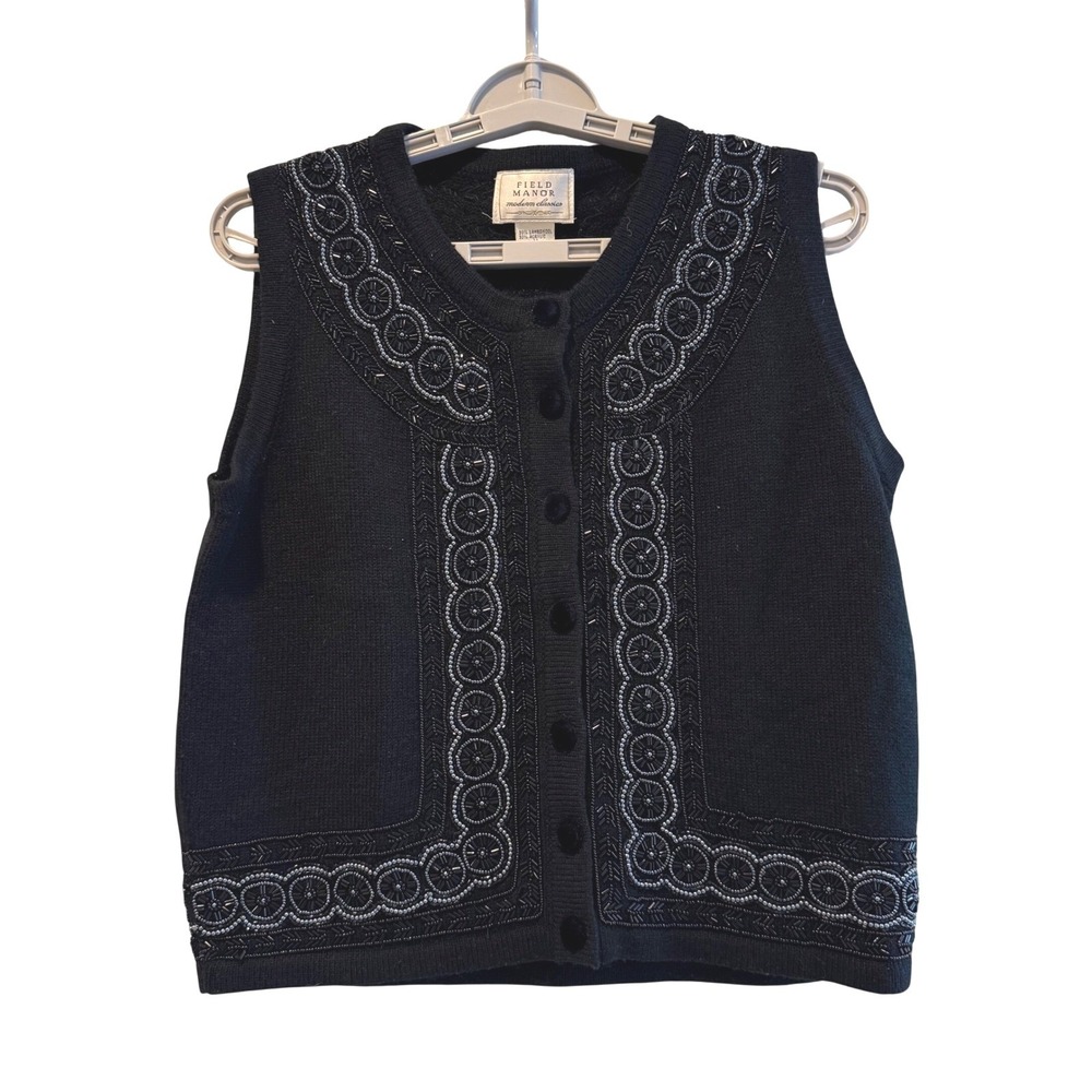 Field‎ Manor Black Lambswool Beaded Button Front Sleeveless Vest Woman's Medium